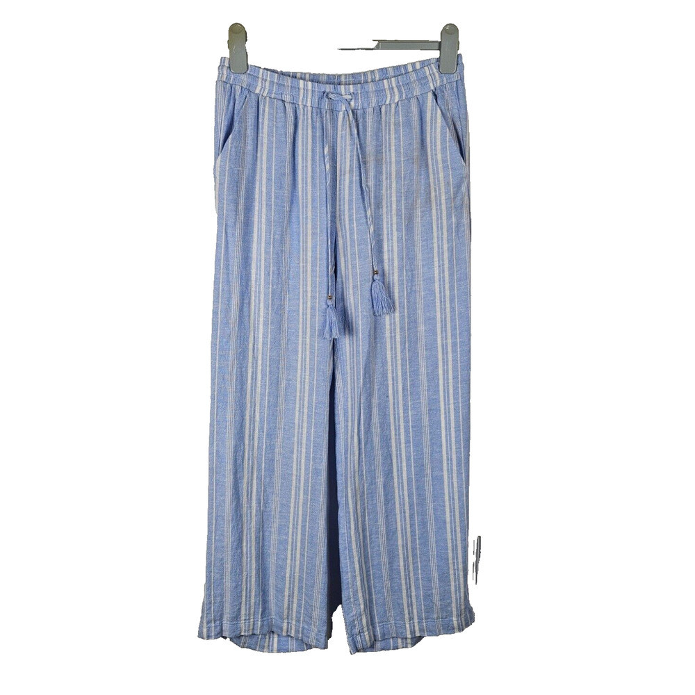 Ellen Tracey Linen Blend Striped Wide Leg Pants Size S Resort Wear Pull On Blue